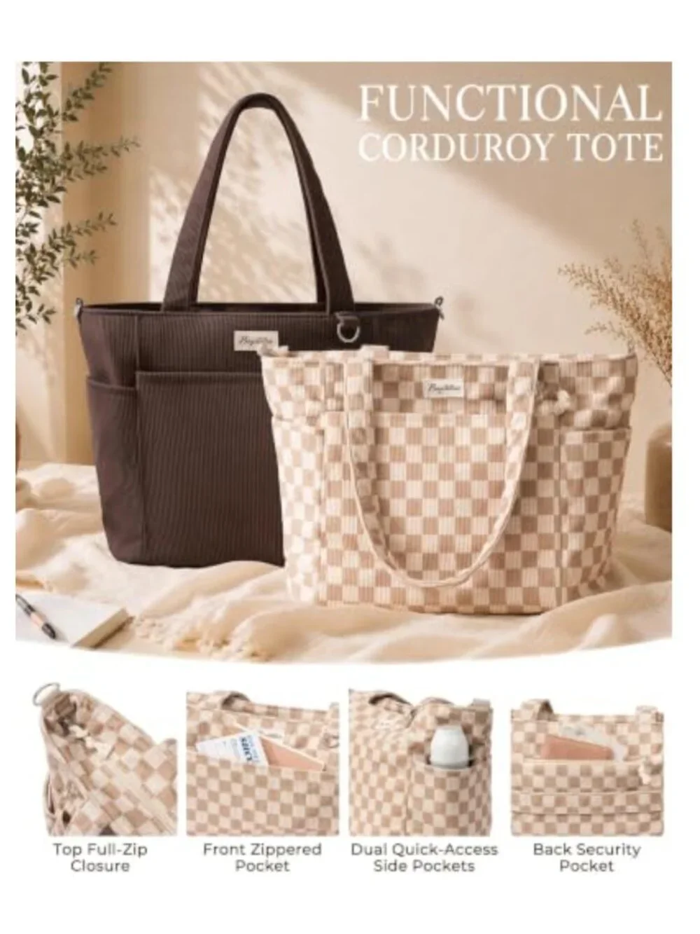 Corduroy Tote Bag for Women Work Laptop Teacher Nurse